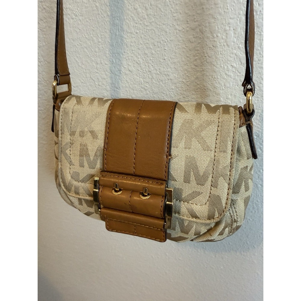 Michael‎ Kors Small Signature Series Crossbody Tan Logo Canvas Brown Leather